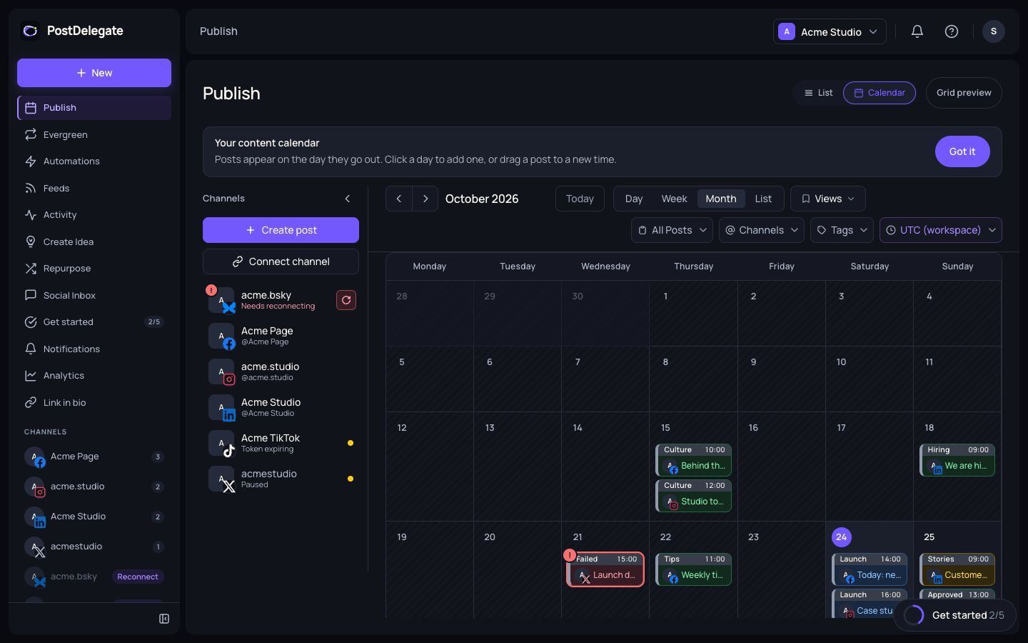 The PostDelegate calendar in month view with scheduled posts across several networks