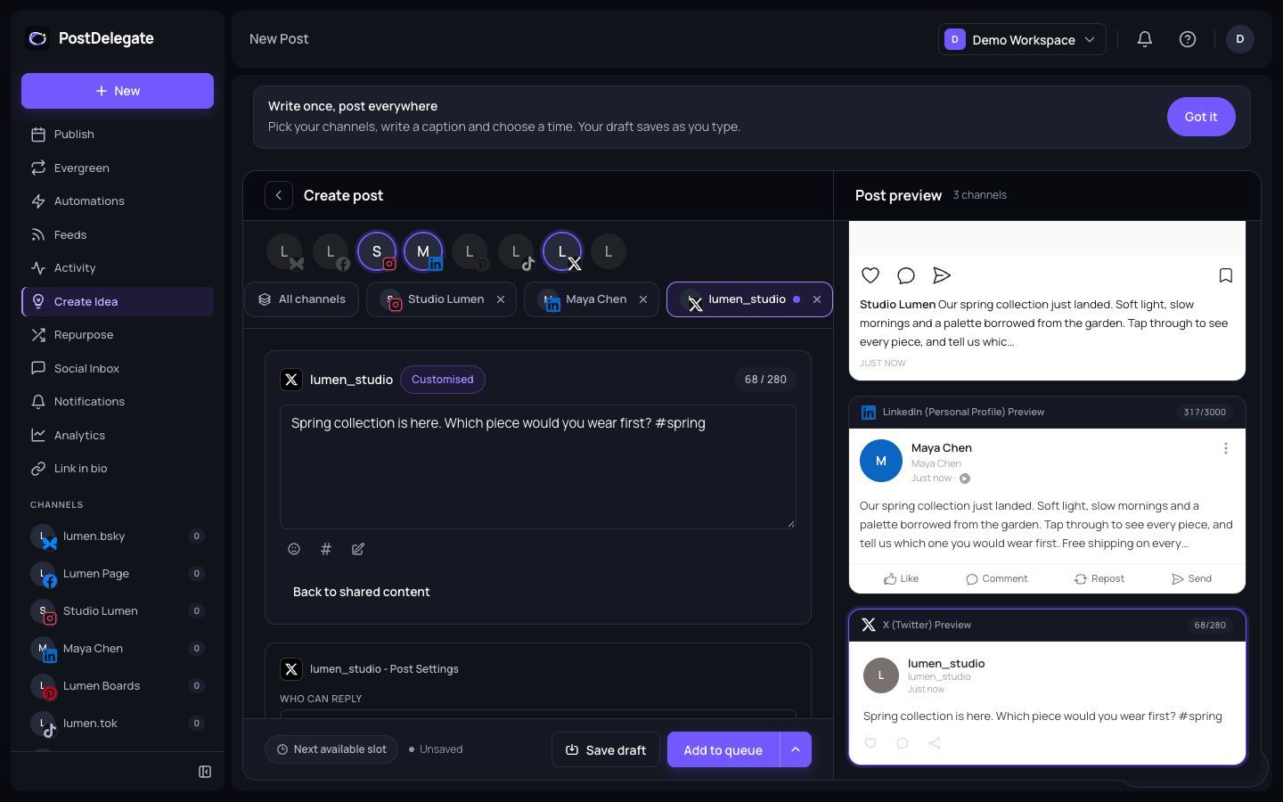 The post composer with per-channel tabs, a character counter and live previews for Instagram, LinkedIn and X